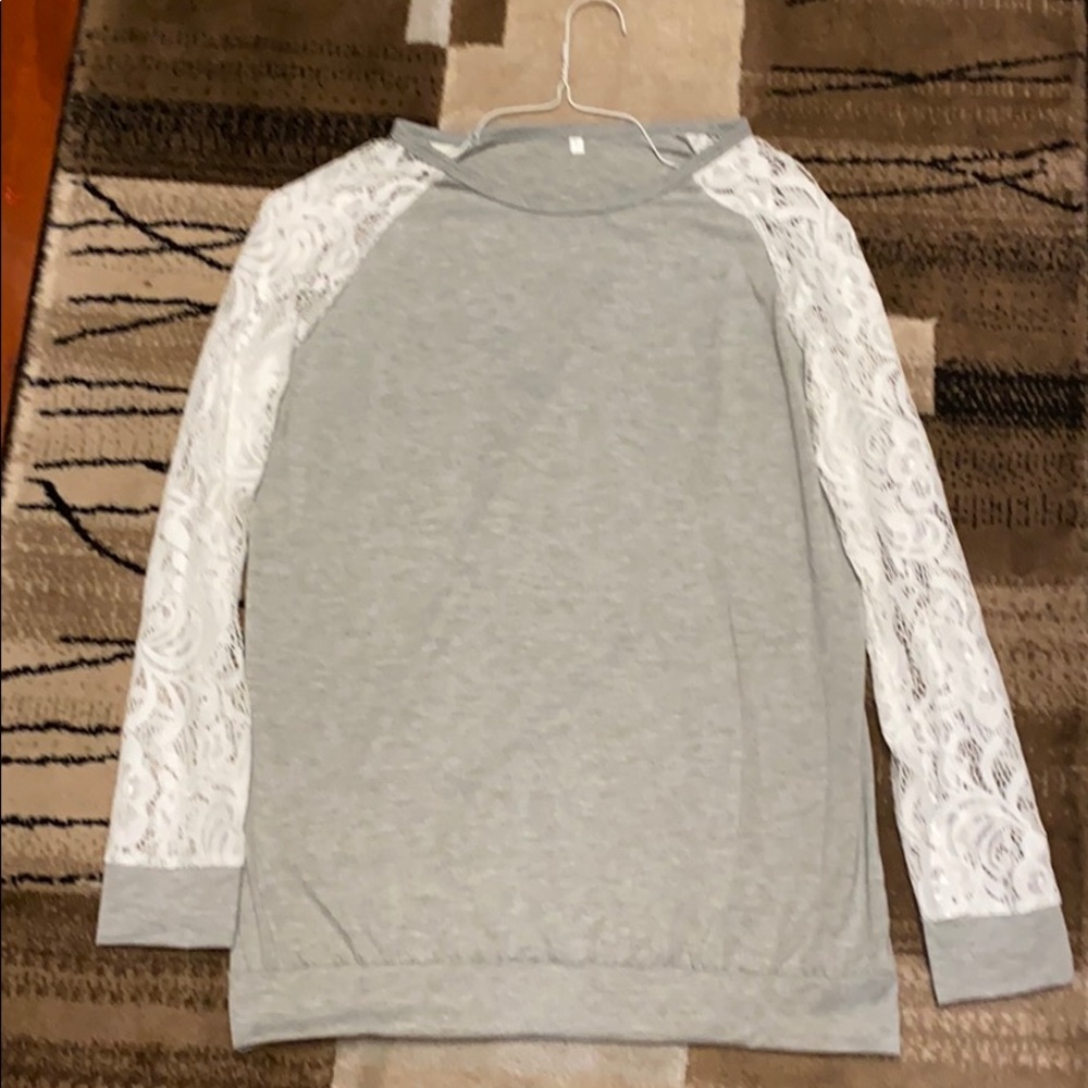Gray lace long sleeve knit top